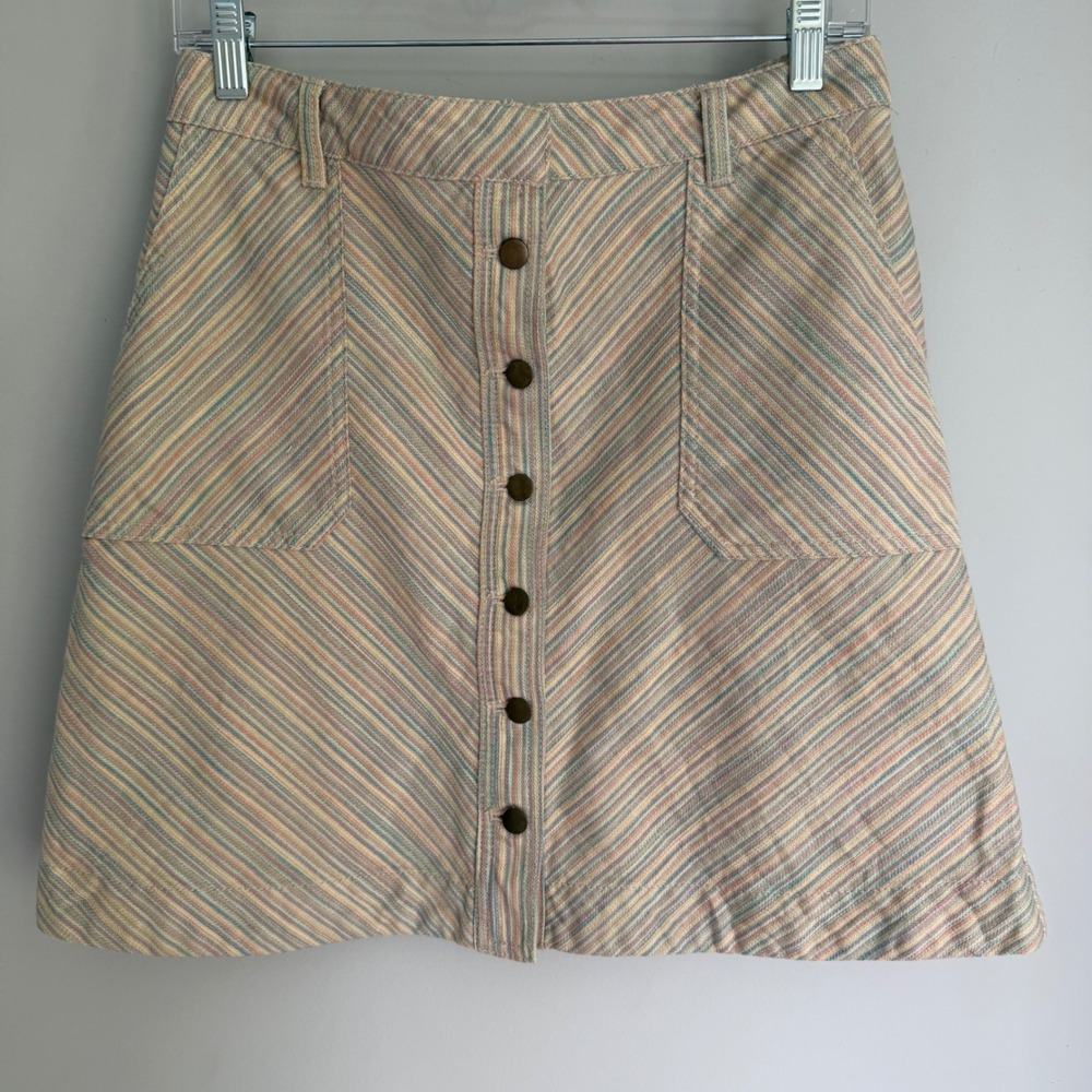 Pilco and The Letterpress Beige Striped A-Line Skirt Buttons 100% Cotton Size 8